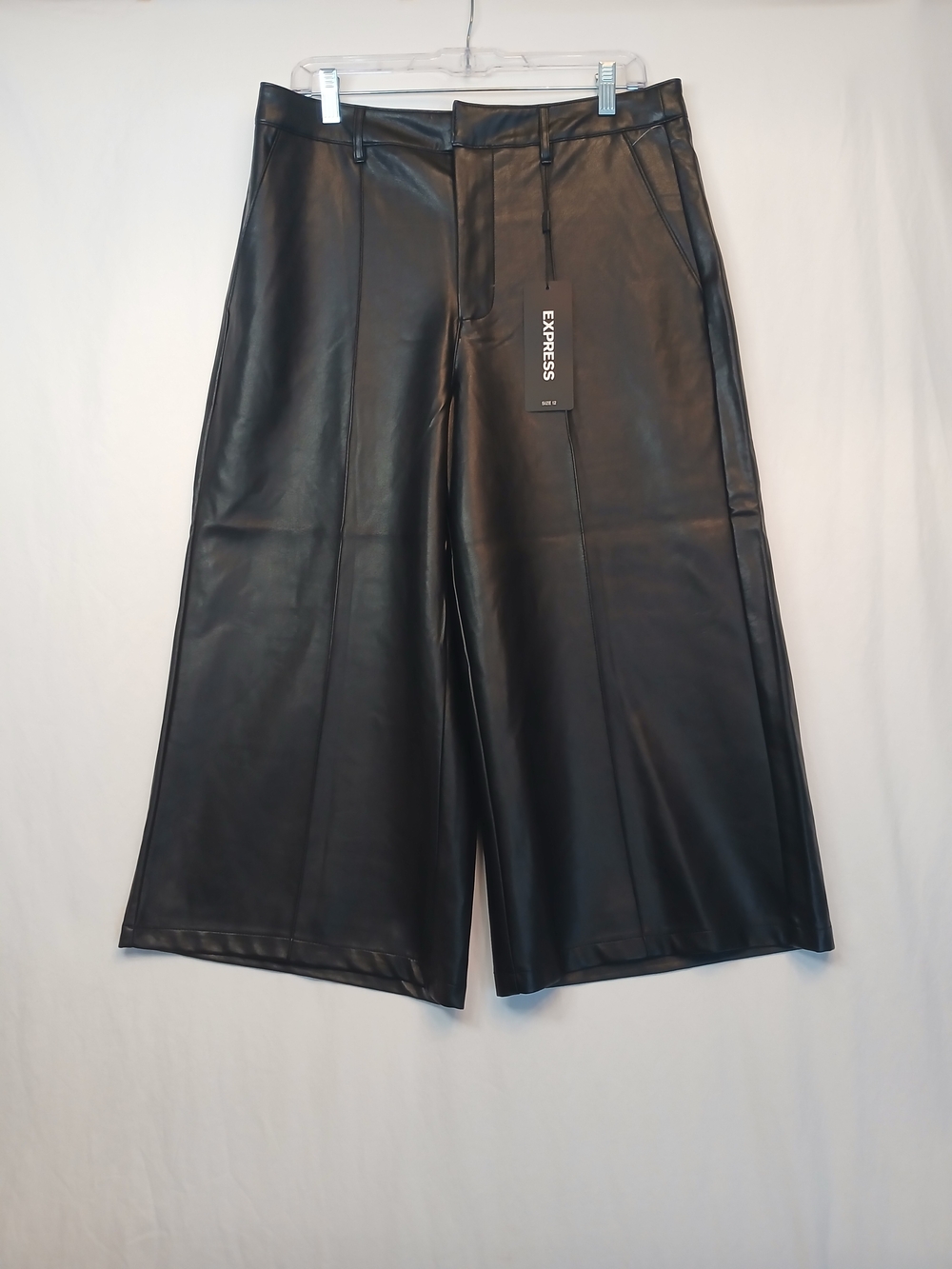 Black Faux Leather Wide Leg Culotte Cropped Pants 12 New Express